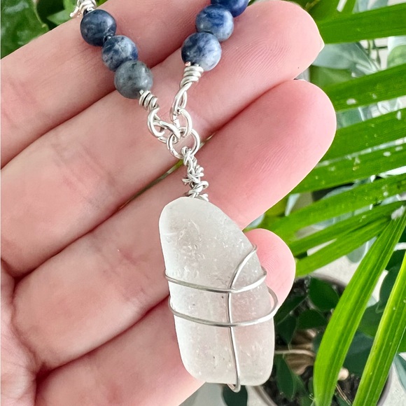 Seaglass + Sodalite Crystal Chain Handmade Necklace - Picture 4 of 7